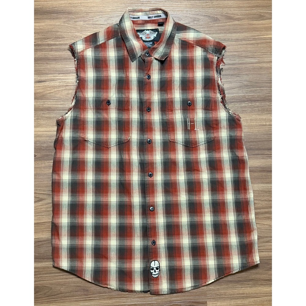 VTG Harley-Davidson Mens Plaid Sleeveless Button Up Shirt Embroidered Red Sz L